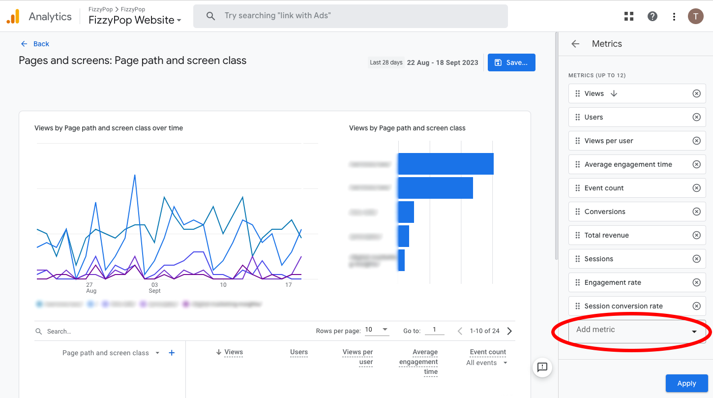 customising a GA4 Report to find SEO content