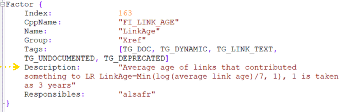Yandex Source Code Screenshot: Age of Links