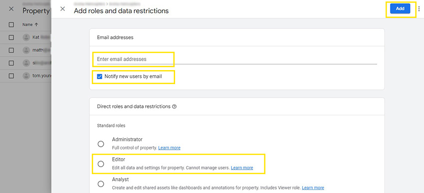 how to add a new user to Google Analytics - Step 7 - Add roles and restrictions