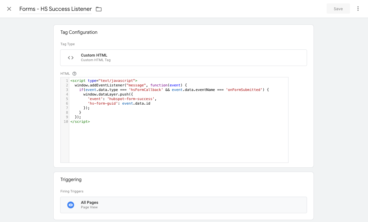 Add custom HTML in Google Tag Manager to measure HubSpot Form submissions